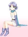  1girl ankle_boots bare_legs belt blush boots character_request circlet dress green_eyes hair_tubes purple_hair scarf short_dress short_hair short_ponytail sitting small_breasts solo st.germain-sal strapless_dress white_background 