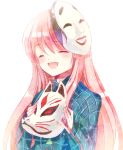  1girl closed_eyes face_mask fox_mask hata_no_kokoro mask noh_mask pink_hair plaid smile solo suzuran_(betuaka0922) touhou 