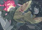  1girl black_eyes black_hair blush explosion hiryuu_(kantai_collection) japanese_clothes kantai_collection kimono open_mouth personification pomelocandy sandals short_hair solo tears torn_clothes 
