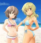  2girls ass bare_shoulders beach bikini blonde_hair blush breasts brown_eyes brown_hair cleavage front-tie_top hidamari_sketch large_breasts looking_at_viewer looking_back miyako multiple_girls navel polka_dot polka_dot_bikini polka_dot_swimsuit short_hair side-tie_bikini smile swimsuit tan tanline wa_(genryusui) yellow_eyes yuno 