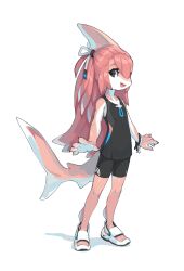  1girl 2023 absurdres black_eyes chinese_commentary colored_skin commentary competition_swimsuit dorsal_fin english_commentary fins fish_tail furry furry_female hairband head_fins highres krita_(medium) long_hair looking_at_viewer mingzhu_the_spirit_shark_(anthro_form) one-piece_swimsuit open_mouth original pink_hair pink_skin raised_inner_eyebrows sandals shark shark_girl shark_tail signature simple_background smile spirit_animals_in_disguise sports_sandals standing straight_hair swimsuit tail tareme teeth three_quarter_view tyson_tan wristband 