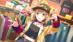1girl azusawa_kohane belt brown_eyes brown_hair cap choker clothes_shop coat cute dress english_text female hand_sign hat light_brown_hair necklace pose project_sekai ring shop short_hair solo triangle_mouth