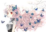  1girl branch butterfly floating_hair flower gradient_hair long_hair mintchoco multicolored_hair original parted_lips pink_hair red_eyes ribbon_choker silver_hair solo too_many very_long_hair 