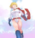  1girl blonde_hair blue_eyes blue_gloves boots breasts cape cleavage_cutout dc_comics gloves jack_hamster large_breasts leotard parted_lips power_girl short_hair solo 