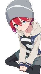  1girl amate_yuzuriha aqua_eyes breasts closed_mouth crossed_legs earrings gundam gundam_gquuuuuux hat hood hooded_jacket jacket jewelry kayabakoro long_sleeves looking_at_viewer pantyhose red_hair shirt short_hair shorts simple_background sitting solo thigh-highs white_background 