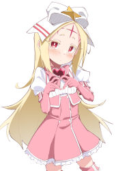  1girl blonde_hair blush bow cosplay dress elbow_gloves facial_mark forehead_mark gloves hair_bow heart heart_hands highres long_hair magia_magenta magia_magenta_(cosplay) mahou_shoujo_ni_akogarete morino_korisu nekono_matatabi nero_alice nude pink_dress pink_gloves simple_background solo standing very_long_hair white_background white_bow 