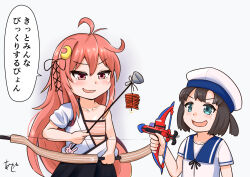  2girls ahoge akashieru arrow_(projectile) black_hair black_hakama blue_sailor_collar bob_cut cosplay crescent crescent_hair_ornament crossbow daitou_(kancolle) dress green_eyes hadanugi_dousa hair_ornament hakama hakama_short_skirt hakama_skirt hat high_ponytail japanese_clothes kantai_collection kimono kosode long_hair multiple_girls one-hour_drawing_challenge open_clothes open_kimono orange_hair ponytail red_eyes sailor_collar sailor_dress sailor_hat short_ponytail short_sleeves shouhou_(kancolle) shouhou_(kancolle)_(cosplay) simple_background skirt toy uzuki_(kancolle) weapon white_background 