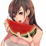  1girl blush breasts brown_eyes brown_hair eating food fruit long_hair open_mouth original settyaro solo watermelon 