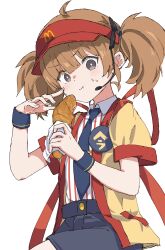  1girl absurdres ahoge badge black_necktie black_shorts blush bread brown_hair button_badge collared_shirt commentary_request eating food hat headset highres holding holding_food imadake_dabuchi_tabemi looking_at_viewer mcdonald's necktie open_mouth red_hat shirt shorts solo standing striped_clothes striped_shirt transparent_background twintails visor_cap white_shirt yellow_happi yucblossom 