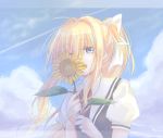  1girl air blonde_hair blue_eyes flower hair_ribbon kamio_misuzu long_hair nikotamu ponytail ribbon school_uniform sunflower 