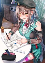 1girl beret breast_rest breasts breasts_on_table brown_hair crescent crescent_earrings earrings half_up_braid hat heaven_burns_red highres indoors jewelry large_breasts long_hair noir_(nowaru) notebook ooshima_ichiko painting_(action) solo table yellow_eyes 