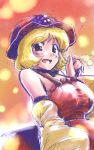  1girl adapted_costume aki_minoriko bare_shoulders blonde_hair blush breasts detached_sleeves food food_themed_clothes fruit grapes hat highres open_mouth red_eyes rough short_hair smile strap stufquin touhou 