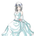  1girl alternate_hair_length alternate_hairstyle arms_behind_back black_eyes black_hair breasts cleavage drawfag dress elbow_gloves gloves gown hair_ornament hair_over_one_eye hairclip jewelry long_hair nazo_no_kanojo_x necklace sash scissors smile solo urabe_mikoto 