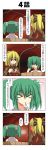  &gt;_&lt; 2girls 4koma blonde_hair blush bow brown_dress brown_hair bucket chopsticks comic dress eating food green_eyes green_hair hair_bobbles hair_bow hair_ornament highres in_bucket in_container japanese_clothes kimono kisume kurodani_yamame multiple_girls open_mouth rappa_(rappaya) smile touhou translation_request twintails yukata 