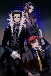  3boys black_hair black_jacket blue_lips blue_shirt chrollo_lucilfer closed_mouth collared_shirt earrings facial_mark forehead_mark fur-trimmed_jacket fur_trim grose hand_on_another&#039;s_shoulder highres hisoka_morow hunter_x_hunter illumi_zoldyck jacket jewelry long_hair male_focus multiple_boys necktie parted_bangs red_hair shirt short_hair sidelocks smile suit_jacket upper_body yellow_necktie 
