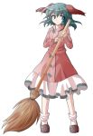  1girl alphes_(style) animal_ears bamboo_broom broom dairi dress green_eyes green_hair highres kasodani_kyouko parody short_hair simple_background smile solo style_parody touhou transparent_background 