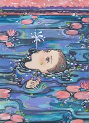  1girl afloat blush brown_eyes brown_hair highres lily_pad lying on_back original partially_submerged petals solo water ya0n0524 