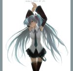  1girl 2013 aqua_eyes aqua_hair arms_up artist_name dated detached_sleeves hair_over_one_eye hatsune_miku kenlo long_hair necktie skirt solo thigh-highs twintails very_long_hair vocaloid white_background 