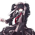  1girl ace black_hair black_legwear card celestia_rudenberk dangan_ronpa diamond_(shape) dress drill_hair expressionless frills gothic_lolita lolita_fashion long_hair necktie pale_skin playing_card red_eyes sitting solo syarute thigh-highs twin_drills twintails white_background 