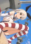  1girl ass bare_shoulders black_panties blonde_hair blush elbow_gloves gloves hair_ribbon highres kantai_collection long_hair looking_at_viewer mocha open_mouth panties personification rensouhou-chan ribbon sailor_collar shimakaze_(kantai_collection) sitting skirt solo striped striped_legwear thigh-highs underwear white_gloves 