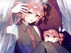 ahoge bare_shoulders birthday black_pantyhose black_sleeves bow breast_pocket chibi collared_shirt commentary_request curtains detached_sleeves dual_persona hair_between_eyes hair_bow hair_ribbon highres hishoku_(porupopi) kasane_teto kasane_teto_(sv) no_fingers orange_eyes pantyhose pocket red_hair ribbon shirt sleeveless sleeveless_shirt synthesizer_v tongue tongue_out twin_drills twintails utau white_bow white_ribbon wing_collar