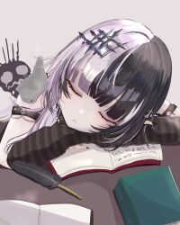  1girl absurdres arm_strap black_arm_warmers black_hair black_nails book closed_mouth commentary demitsuyuzaki grey_background grey_hair highres hololive hololive_english long_hair multicolored_hair open_book parted_lips quill shiori_novella shiori_novella_(1st_costume) sleeping solo split-color_hair striped_arm_warmers symbol-only_commentary table two-tone_hair virtual_youtuber yorick_(shiori_novella) 