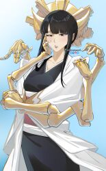  1girl absurdres black_hair black_kimono bleach bleach:_sennen_kessen-hen blue_background commentary crescent crescent_hair_ornament crossed_arms english_commentary eyeshadow gradient_background hair_ornament hand_on_own_face haori highres instagram_logo japanese_clothes kimono knowname light_blush makeup mechanical_arms open_mouth pixiv_logo purple_eyeshadow red_lips shihakusho shutara_senjumaru sidelocks teeth twitter_logo twitter_username upper_teeth_only white_haori 