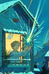  1boy absurdres blonde_hair building falling_star highres long_sleeves male_focus night original outdoors plant potted_plant scenery shirt short_hair sky snow solo standing star_(symbol) upper_body window ya0n0524 