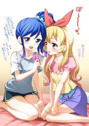  2girls aikatsu! blonde_hair blue_eyes blue_hair hair_ribbon highres hoshimiya_ichigo kiriya_aoi kneeling long_hair minimaru multiple_girls ponytail red_eyes ribbon shorts side_ponytail 