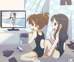  3girls :d barefoot black_hair brown_eyes brown_hair competition_swimsuit dvd_case folded_ponytail from_side full_body ga-rei ga-rei_zero long_hair manabe_miku multiple_girls nm_shirasu one-piece_swimsuit original sitting smile swimsuit television wariza watching_television yanase_chizuru 