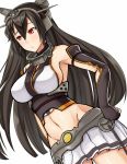  1girl bare_shoulders black_hair breasts hai_ookami hand_on_hip highres kantai_collection long_hair mound_of_venus nagato_(kantai_collection) navel red_eyes sideboob simple_background solo white_background 