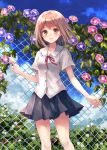  1girl brown_eyes brown_hair chain-link_fence clouds fence flower fukahire_sanba morning_glory open_mouth original pleated_skirt school_uniform serafuku skirt sky smile solo 