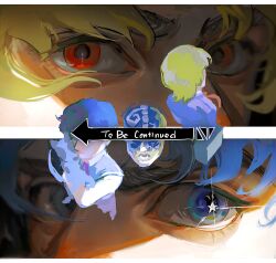  2boys absurdres animal back-to-back blonde_hair blue_eyes blue_hair danny_(jojo) dio_brando highres holding holding_animal jojo_no_kimyou_na_bouken jonathan_joestar multiple_boys phantom_blood red_eyes sparkling_eyes star_(symbol) stone_mask_(jojo) to_be_continued uu0000322 