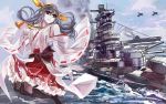  1girl bare_shoulders battleship black_hair black_legwear brown_eyes detached_sleeves fullerene hairband haruna_(kantai_collection) japanese_clothes kantai_collection long_hair military ocean personification ship skirt solo thigh-highs water wide_sleeves 