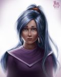  2mindsstudio blue_hair bust chrono_trigger dress earrings frown highres jewelry lips long_hair ponytail realistic schala_zeal 