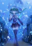  1girl boots bubble detached_sleeves green_eyes green_hair hatsune_miku jellyfish long_hair necktie skirt solo submerged thigh-highs thigh_boots twintails umbrella underwater vocaloid walking 