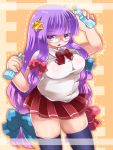  1girl alternate_costume bespectacled black_legwear bottle contemporary crescent glasses hair_ribbon hat long_hair no_hat open_mouth patchouli_knowledge purple_hair ribbon school_uniform shirt skirt solo sumitaso thighhighs touhou violet_eyes 