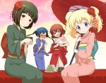  &gt;_&lt; 4girls :d alice_carteret black_hair blonde_hair blue_eyes blue_hair blush flower hair_flower hair_ornament inokuma_youko japanese_clothes kimono kin&#039;iro_mosaic komichi_aya long_hair multiple_girls oomiya_shinobu open_mouth oriental_umbrella red_eyes redhead sarashi short_hair smile twintails umbrella yanagida_fumita 