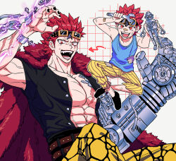  2boys :d abs aged_down arm_up arrow_(symbol) bandaid bandaid_on_arm bandaid_on_face bandaid_on_nose belt black_shirt black_shoes brown_belt buttons chain coat coat_on_shoulders commentary_request dual_persona eustass_kid fangs fur_coat goggles goggles_on_head highres holding holding_toy holding_wrench looking_at_viewer magnetism male_focus mechanical_arms multiple_boys muscular muscular_male one_piece open_clothes open_mouth open_shirt pants patchwork_clothes pectorals red_coat red_eyes red_hair red_lips robot scar scar_across_eye scar_on_arm scar_on_chest scar_on_face scar_on_stomach screw shirt shoes short_hair short_sleeves simple_background single_mechanical_arm smile spiky_hair striped_clothes striped_pants teeth time_paradox torn_clothes torn_pants toy toy_robot unbuttoned unbuttoned_shirt v-shaped_eyebrows veins vertical-striped_clothes vertical-striped_pants white_background wrench yakumo_(ykm) yellow_pants 