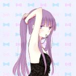  adjusting_hair alternate_costume alternate_hairstyle armpits blush bow highres long_hair looking_at_viewer mouth_hold patchouli_knowledge ponytail purple_hair ribbon rubber_band shirt simple_background sui_(camellia) sweat touhou violet_eyes 