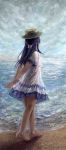  1girl barefoot beach blue_hair braid clouds dokidoki!_precure dress hat highres hishikawa_rikka long_hair precure sand sky solo zoex 