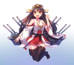  1girl :d black_hair boots brown_eyes detached_sleeves hairband headgear japanese_clothes kantai_collection kongou_(kantai_collection) long_hair looking_at_viewer open_mouth personification skirt smile solo thigh-highs thigh_boots yukimura_tsubame 
