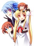  4girls blonde_hair blue_eyes blue_hair blush brown_hair chibi dual_persona fang fate_testarossa gloves long_hair long_sleeves lyrical_nanoha mahou_shoujo_lyrical_nanoha mahou_shoujo_lyrical_nanoha_a&#039;s mahou_shoujo_lyrical_nanoha_a&#039;s_portable:_the_battle_of_aces material-l multiple_girls open_mouth red_eyes ribbon school_uniform short_twintails smile takamachi_nanoha teruui twintails v violet_eyes white_background 