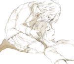  2girls christa_renz closed_eyes hand_on_head lap_pillow lying m_(3236) monochrome multiple_girls on_back shingeki_no_kyojin sitting tears ymir_(shingeki_no_kyojin) 