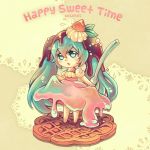  1girl aqua_eyes aqua_hair artist_name bad_id chibi food food_as_clothes hatsune_miku in_food long_hair minigirl open_mouth skirt_hold solo spoon twintails very_long_hair vocaloid 