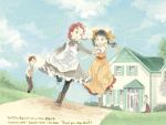  2boys 3girls anne_of_green_gables anne_shirley apron black_hair braid brown_hair diana_barry drawr dress friends full_body gilbert_blythe hair_ribbon holding_hands house loc6 marilla_cuthbert matthew_cuthbert multiple_boys multiple_girls pantyhose redhead ribbon running thank_you twin_braids twintails 