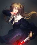  blood brown_hair copyright_request dress licking_hand matsuki_ringo sword weapon 