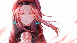  1girl absurdres hat heaven_burns_red highres maria_de_angelis molingxiang_chimangguo nun own_hands_together parted_bangs praying red_eyes red_hair solo teeth veil white_background 