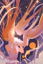  2girls absurdres bare_shoulders blonde_hair dress eye_contact floating floating_hair from_side hand_on_another&#039;s_face highres holding_hands jewelry light_particles long_hair looking_at_another multiple_girls orange_hair original parted_lips ribbon sleeveless sparkle very_long_hair white_dress ya0n0524 