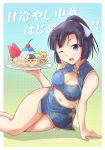  1girl black_hair breasts cherry china_dress chinese_clothes cleavage e20 food fruit gradient gradient_background ice_cream kami_nomi_zo_shiru_sekai long_hair midriff open_mouth ponytail smile solo sundae tagme uemoto_sumire violet_eyes watermelon wink 